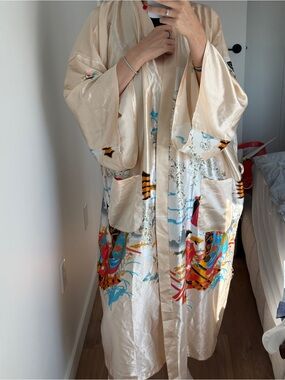 Silk-Feel Cream Floral Kimono Cover-Up